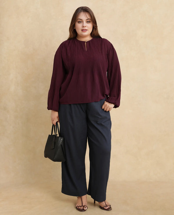 Rareism Women Ordu Purple Polyester Fabric Full Sleeve Mandarin Collar Plain Top