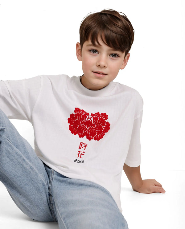 Rare Ones Kids Orel White Cotton Half Sleeves Oversized Fit Crew Neck Graphic Print T-Shirt