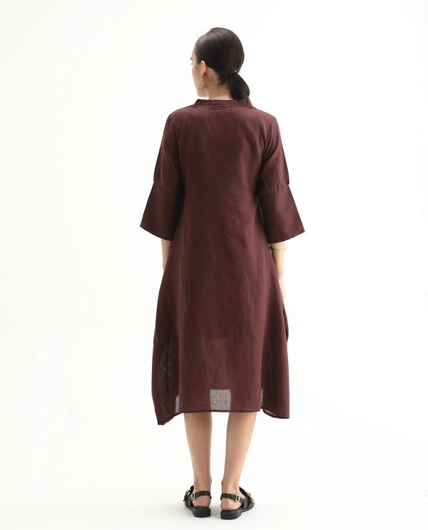 Rareism Women Orie Brown Cotton Linen Fabric 3/4Th Sleeves V-Neck Relaxed Fit Plain Midi Asymmetric Dress