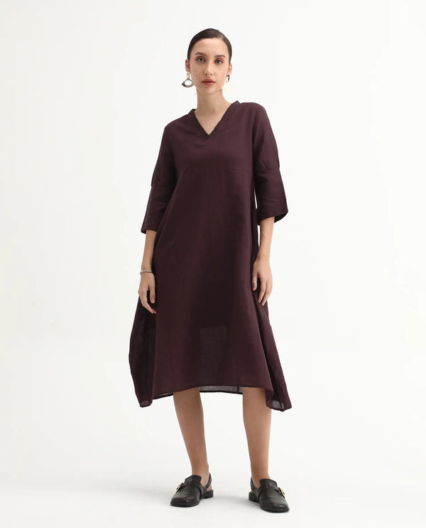Rareism Women Orie Brown Cotton Linen Fabric 3/4Th Sleeves V-Neck Relaxed Fit Plain Midi Asymmetric Dress
