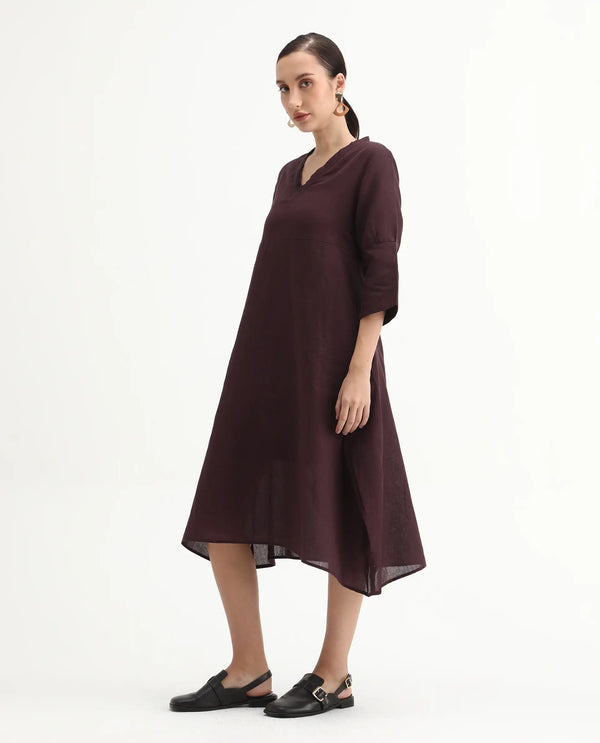 Rareism Women Orie Brown Cotton Linen Fabric 3/4Th Sleeves V-Neck Relaxed Fit Plain Midi Asymmetric Dress