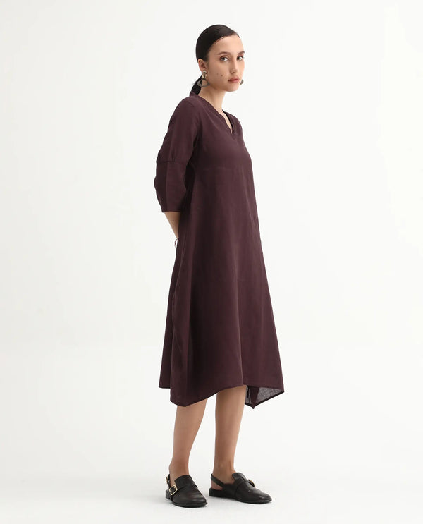 Rareism Women Orie Brown Cotton Linen Fabric 3/4Th Sleeves V-Neck Relaxed Fit Plain Midi Asymmetric Dress