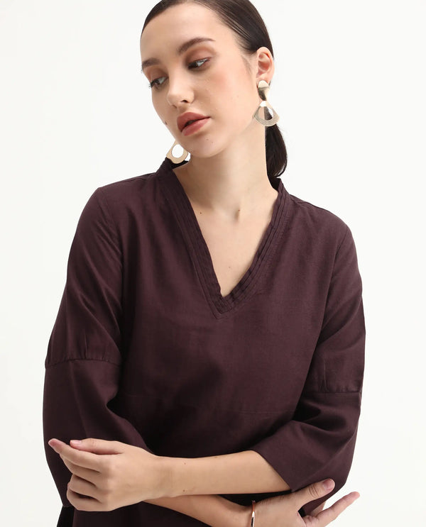 Rareism Women Orie Brown Cotton Linen Fabric 3/4Th Sleeves V-Neck Relaxed Fit Plain Midi Asymmetric Dress