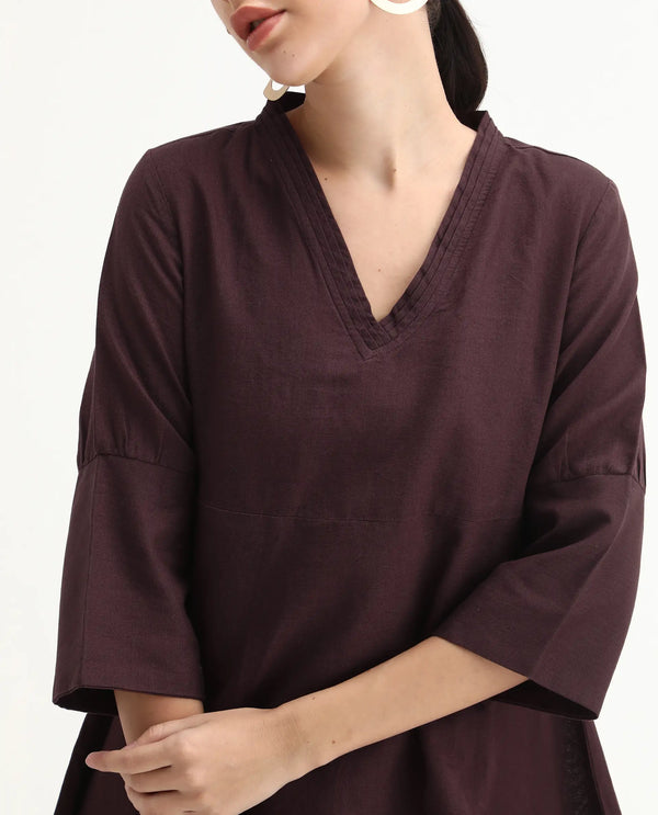 Rareism Women Orie Brown Cotton Linen Fabric 3/4Th Sleeves V-Neck Relaxed Fit Plain Midi Asymmetric Dress
