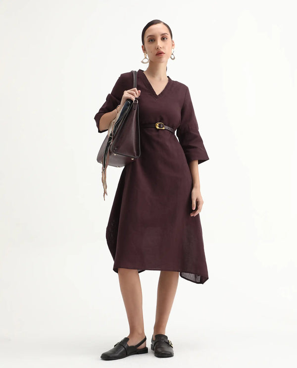 Rareism Women Orie Brown Cotton Linen Fabric 3/4Th Sleeves V-Neck Relaxed Fit Plain Midi Asymmetric Dress