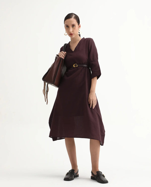 Rareism Women Orie Brown Cotton Linen Fabric 3/4Th Sleeves V-Neck Relaxed Fit Plain Midi Asymmetric Dress
