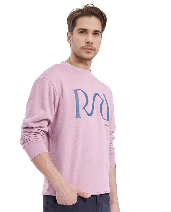 Rare Rabbit Men's Oris Dusky Pink Cotton Blend Fabric Full Sleeve Crew Neck Printed Sweatshirt