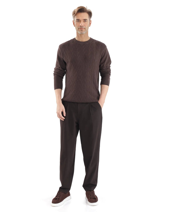Rare Rabbit Men's Orito Brown Cotton Fabric Full Sleeve Crew Neck Regular Fit Textured Sweater