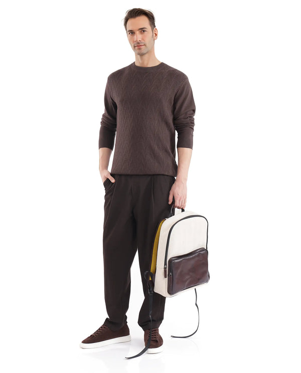 Rare Rabbit Men's Orito Brown Cotton Fabric Full Sleeve Crew Neck Regular Fit Textured Sweater