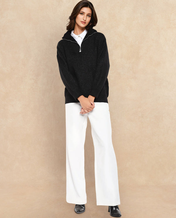 Rareism Women Ortaca Black Full sleeves Relaxed Fit Zipper Closure Plain Sweater
