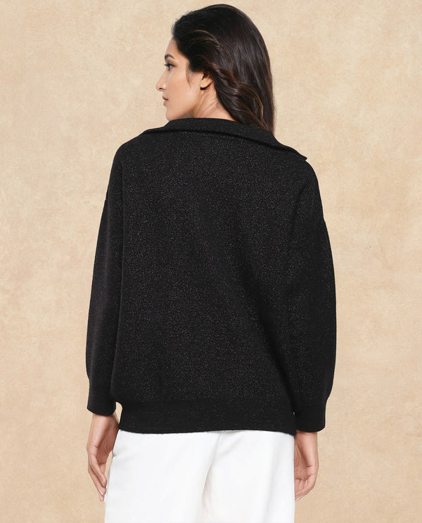 Rareism Women Ortaca Black Full sleeves Relaxed Fit Zipper Closure Plain Sweater