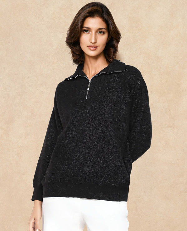 Rareism Women Ortaca Black Full sleeves Relaxed Fit Zipper Closure Plain Sweater