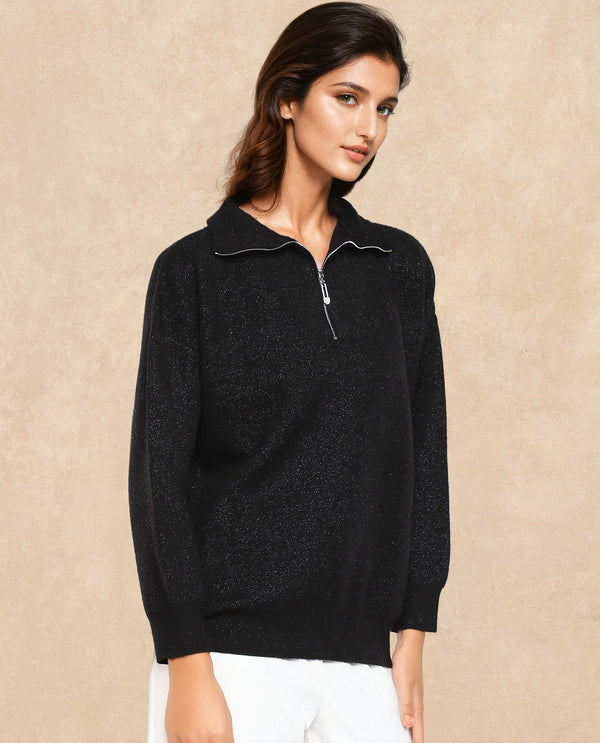 Rareism Women Ortaca Black Full sleeves Relaxed Fit Zipper Closure Plain Sweater