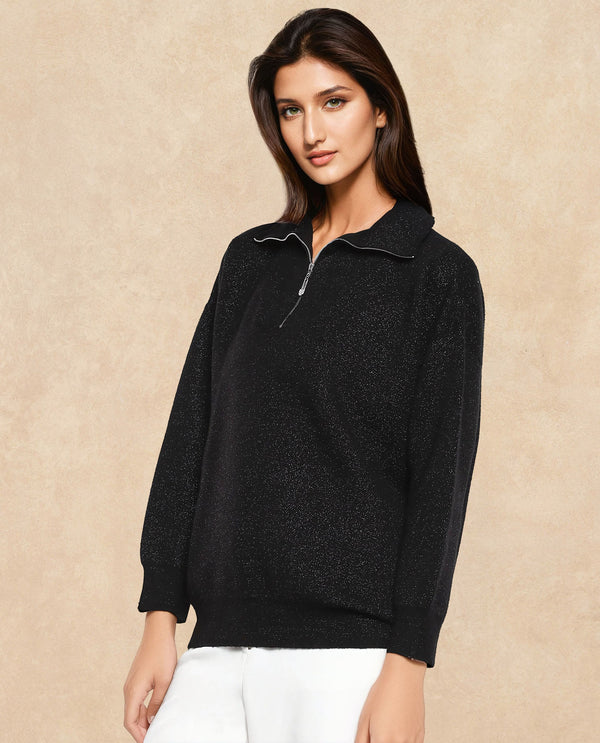 Rareism Women Ortaca Black Full sleeves Relaxed Fit Zipper Closure Plain Sweater