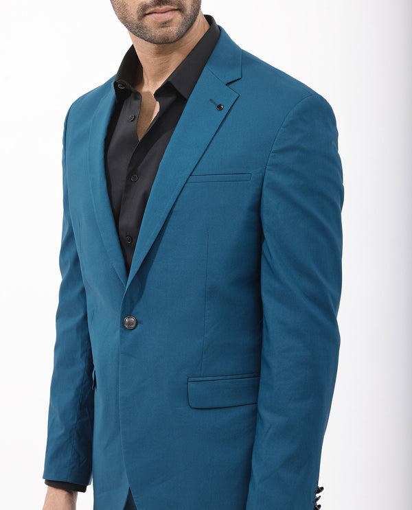 Rare Rabbit Men's Oscar Dark Teal Polyester Viscose Fabric Notch Lapel Button Closure Single Breasted Cavalry Twill Suit