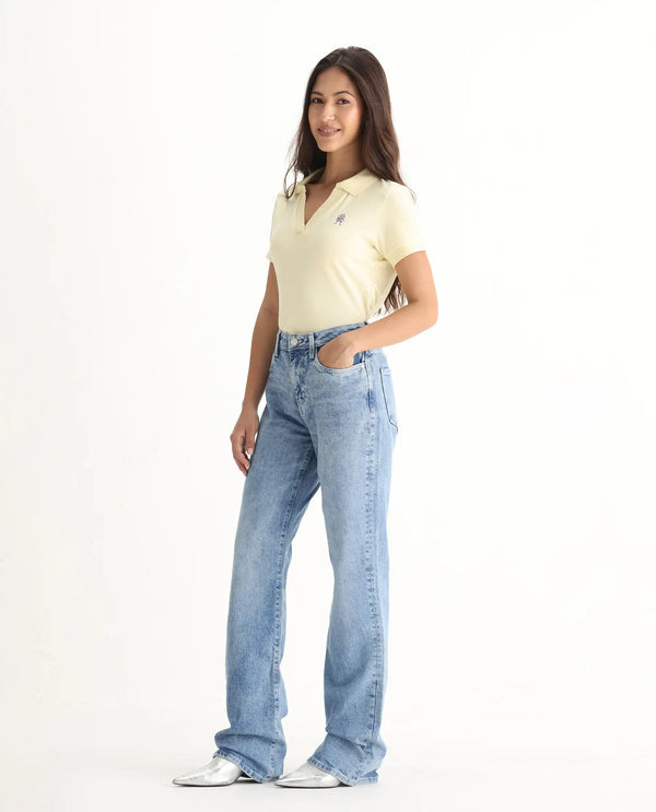 Rareism Women Osseo Pastel Blue Cotton Elastane Fabric Solid Regular Length Jeans