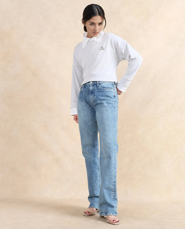 Rareism Women Osseo Light Blue Cotton Elastane Fabric Solid Regular Length Jeans
