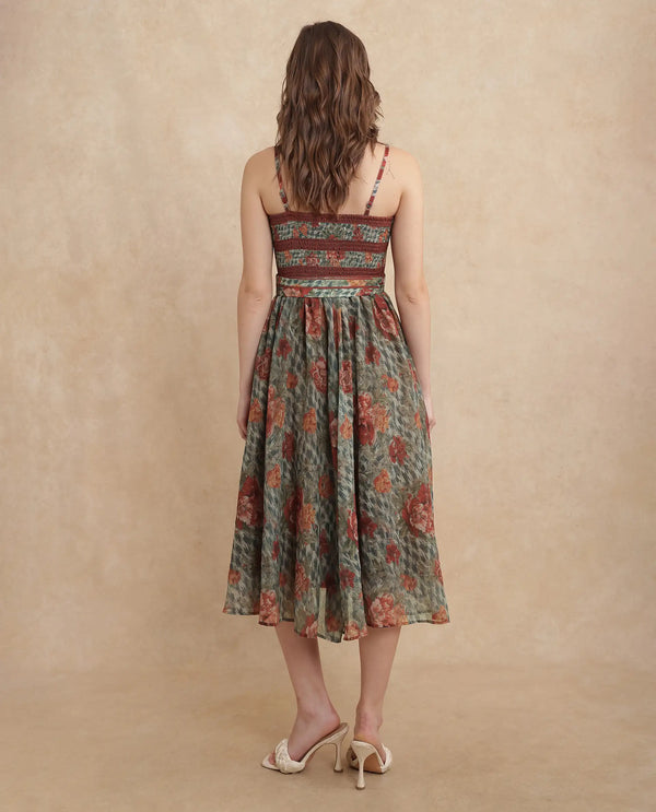 Rareism Women Ostig Multi Satin Sleeveless Tube Neck Fit And Flare Midi Floral Print Dress
