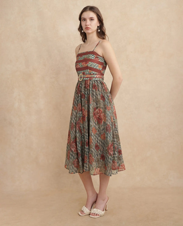 Rareism Women Ostig Multi Satin Sleeveless Tube Neck Fit And Flare Midi Floral Print Dress