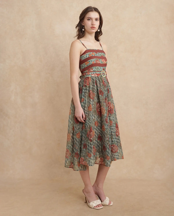 Rareism Women Ostig Multi Satin Sleeveless Tube Neck Fit And Flare Midi Floral Print Dress