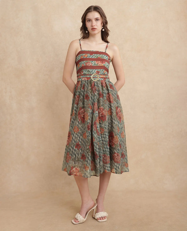 Rareism Women Ostig Multi Satin Sleeveless Tube Neck Fit And Flare Midi Floral Print Dress