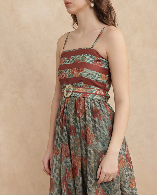 Rareism Women Ostig Multi Satin Sleeveless Tube Neck Fit And Flare Midi Floral Print Dress