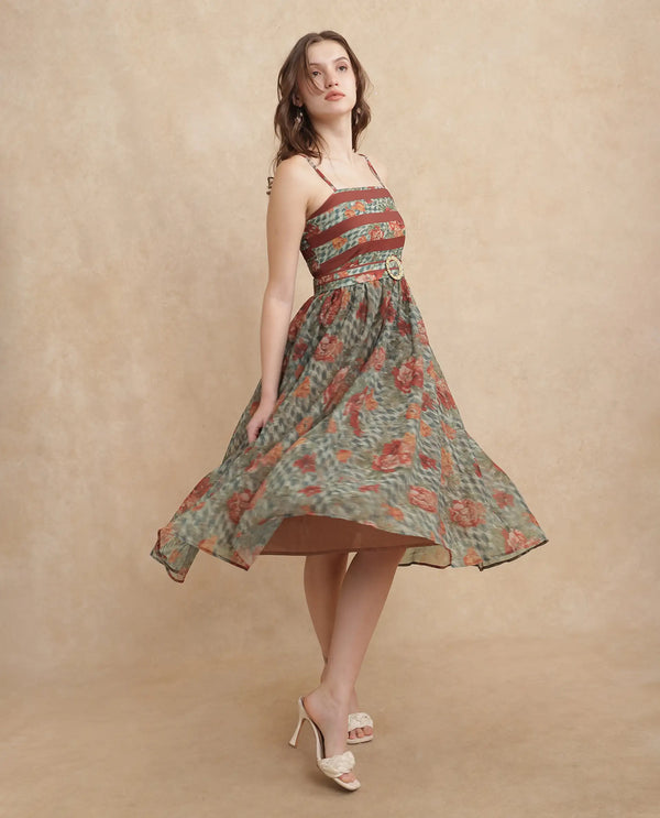 Rareism Women Ostig Multi Satin Sleeveless Tube Neck Fit And Flare Midi Floral Print Dress