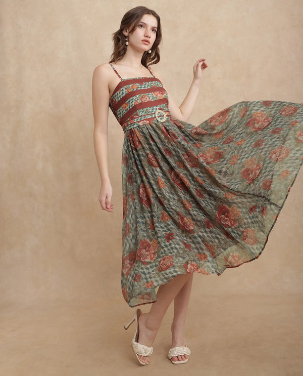 Rareism Women Ostig Multi Satin Sleeveless Tube Neck Fit And Flare Midi Floral Print Dress