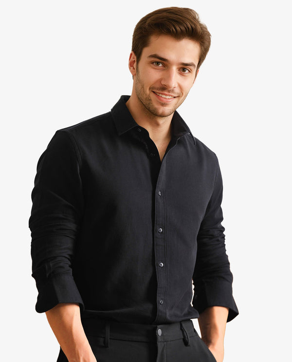 Rare Rabbit Mens Otago Black Cotton Fabric Full Sleeves Regular Fit Solid Shirt
