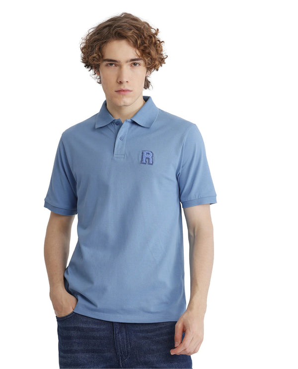 Rare Rabbit Men Otes Blue Short Sleeve Regular Fit Embroidered Branding Plain Polo