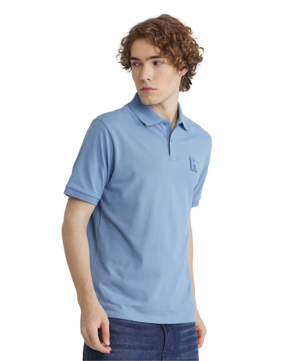 Rare Rabbit Men Otes Blue Short Sleeve Regular Fit Embroidered Branding Plain Polo