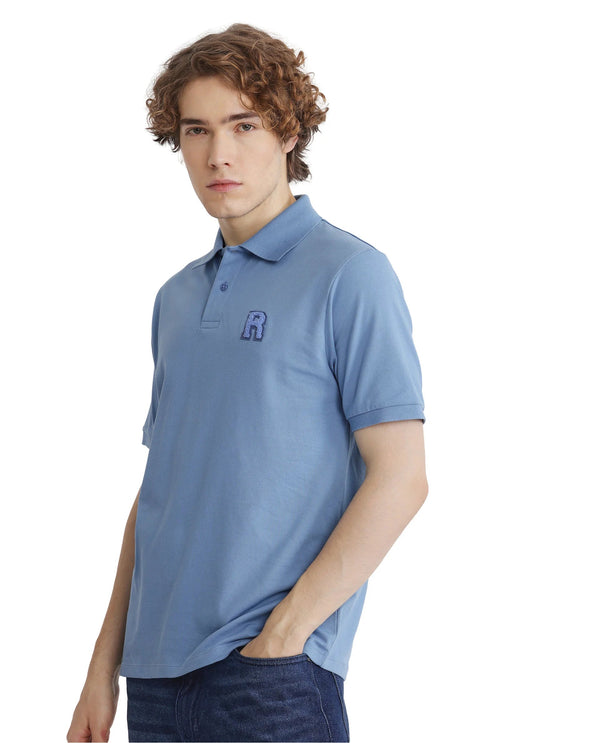Rare Rabbit Men Otes Blue Short Sleeve Regular Fit Embroidered Branding Plain Polo