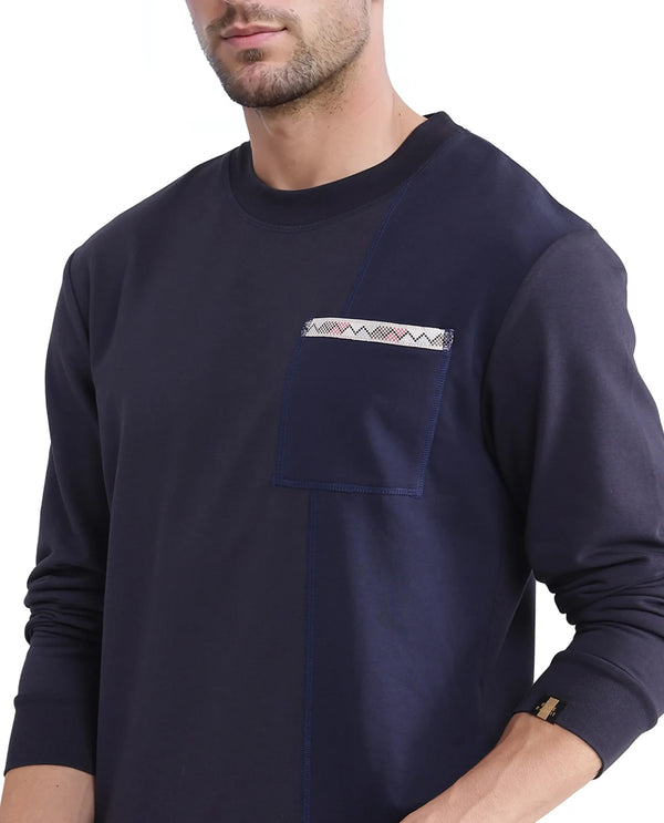 Rare Rabbit Men Otese Navy Cotton Polyester Fabric Full Sleeve Crew Neck Regular Fit Cut and Sew Sweatshirt