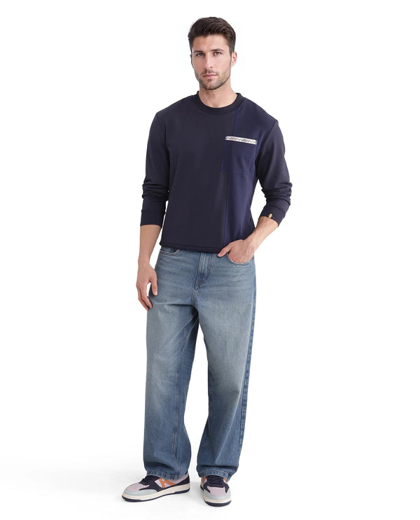 Rare Rabbit Men Otese Navy Cotton Polyester Fabric Full Sleeve Crew Neck Regular Fit Cut and Sew Sweatshirt