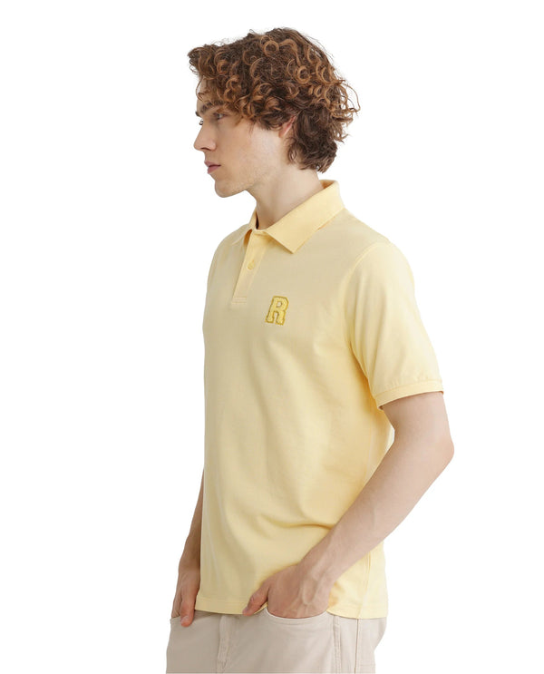 Rare Rabbit Men Otes Pastel Yellow Short Sleeve Regular Fit Embroidered Branding Plain Polo