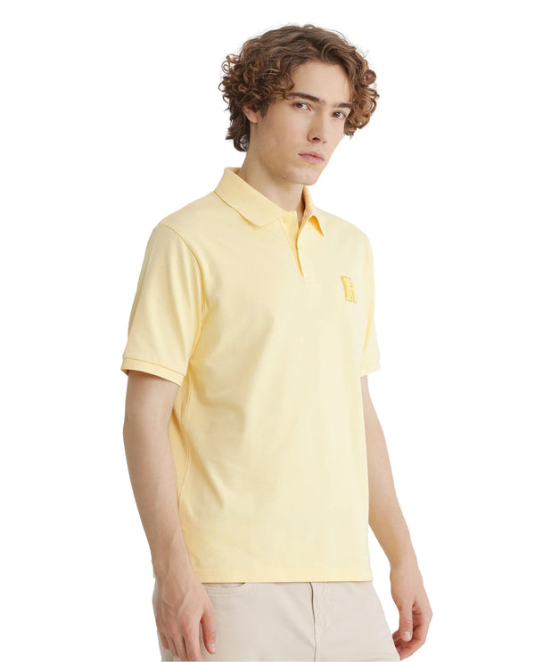 Rare Rabbit Men Otes Pastel Yellow Short Sleeve Regular Fit Embroidered Branding Plain Polo