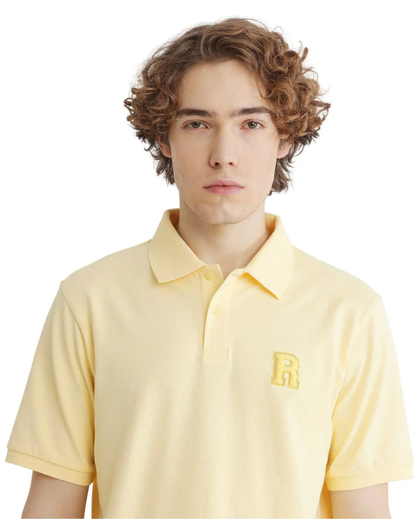 Rare Rabbit Men Otes Pastel Yellow Short Sleeve Regular Fit Embroidered Branding Plain Polo