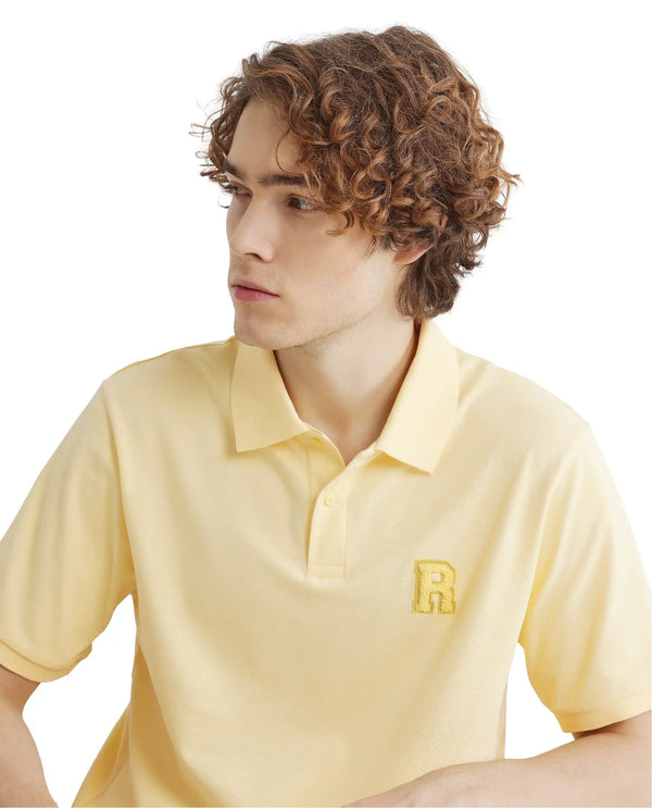 Rare Rabbit Men Otes Pastel Yellow Short Sleeve Regular Fit Embroidered Branding Plain Polo