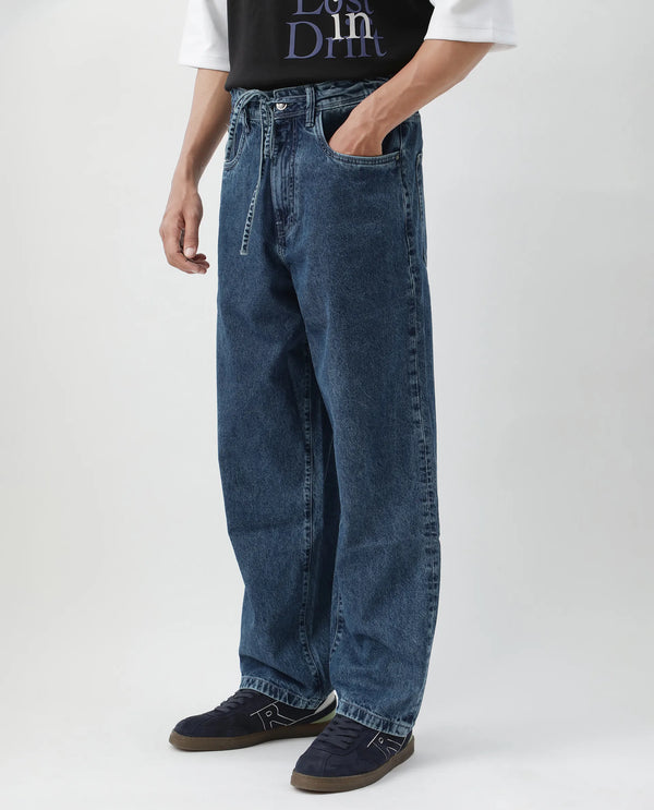 Rare Rabbit Men's Otto Light Blue Cotton Fabric Drawstring Closure Baggy Loose Fit Plain Jeans