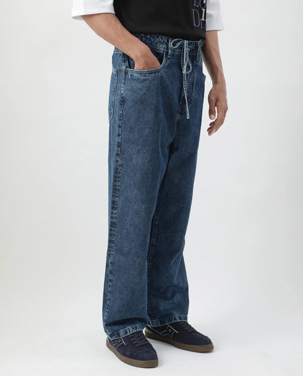 Rare Rabbit Men's Otto Light Blue Cotton Fabric Drawstring Closure Baggy Loose Fit Plain Jeans