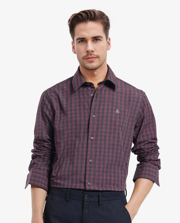Rare Rabbit Men Otts Dark Maroon Cotton Poly Fabric Full Sleeve Regular Fit Checked Shirt
