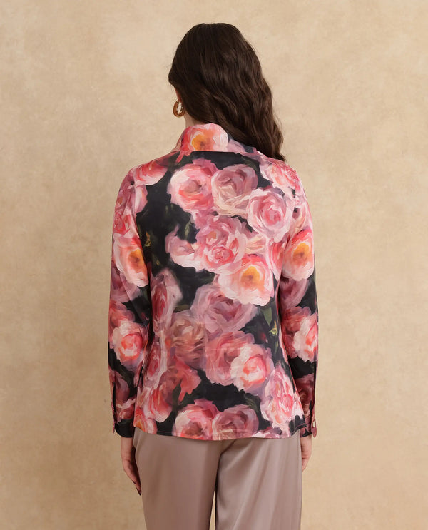 Rareism Women Oudid Multi Cotton Modal Satin Fabric Cuffed Sleeve Cowl Neck Button Closure Floral Print Top