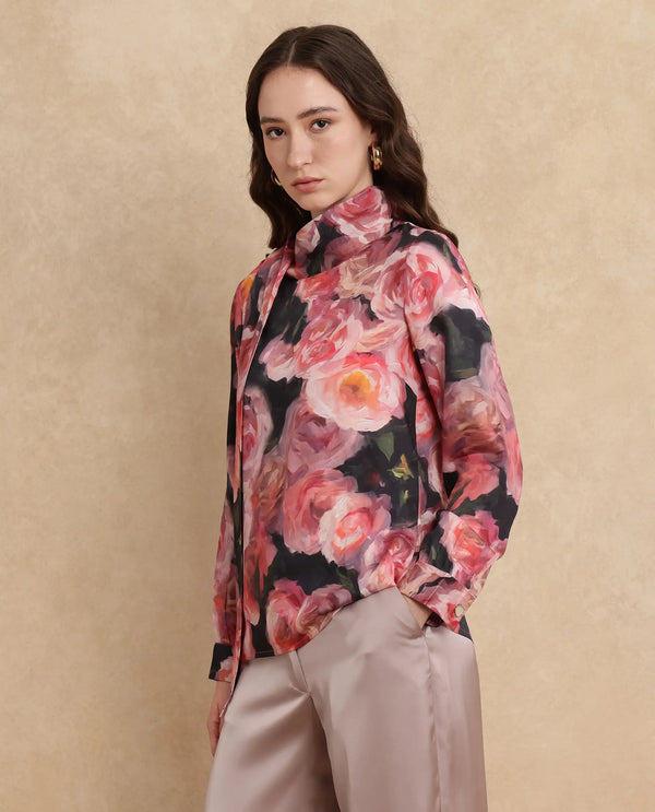 Rareism Women Oudid Multi Cotton Modal Satin Fabric Cuffed Sleeve Cowl Neck Button Closure Floral Print Top