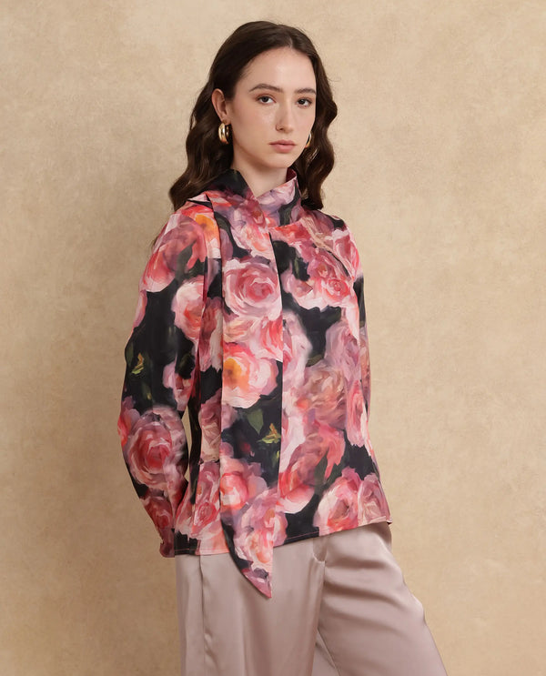 Rareism Women Oudid Multi Cotton Modal Satin Fabric Cuffed Sleeve Cowl Neck Button Closure Floral Print Top