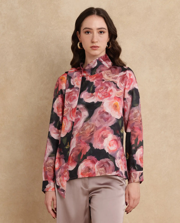 Rareism Women Oudid Multi Cotton Modal Satin Fabric Cuffed Sleeve Cowl Neck Button Closure Floral Print Top