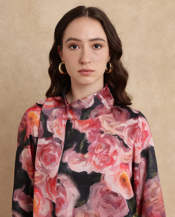 Rareism Women Oudid Multi Cotton Modal Satin Fabric Cuffed Sleeve Cowl Neck Button Closure Floral Print Top