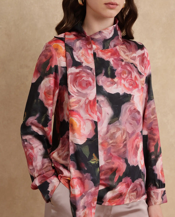 Rareism Women Oudid Multi Cotton Modal Satin Fabric Cuffed Sleeve Cowl Neck Button Closure Floral Print Top