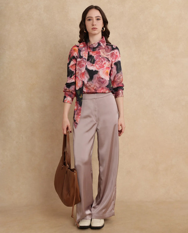 Rareism Women Oudid Multi Cotton Modal Satin Fabric Cuffed Sleeve Cowl Neck Button Closure Floral Print Top