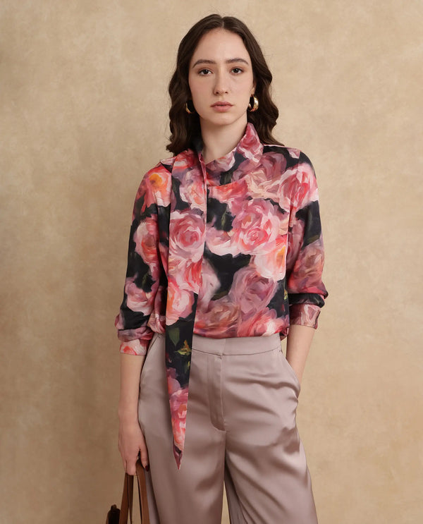 Rareism Women Oudid Multi Cotton Modal Satin Fabric Cuffed Sleeve Cowl Neck Button Closure Floral Print Top