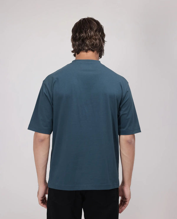 Rare Rabbit Men Ovem Dusky Teal Cotton Blend Fabric Short Sleeve Crew Neck Qlo Fit Graphic Print T-Shirt
